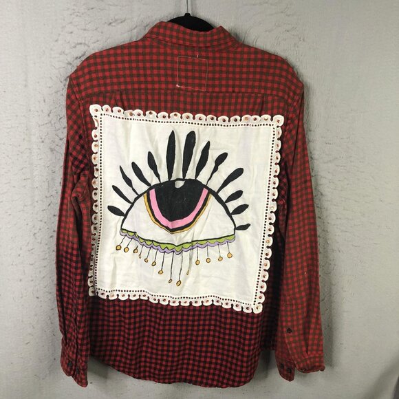 Timber June Tops - Timber June Shirt Large Red Check Flannel Evil Eye Sequin Back Boho Graphic